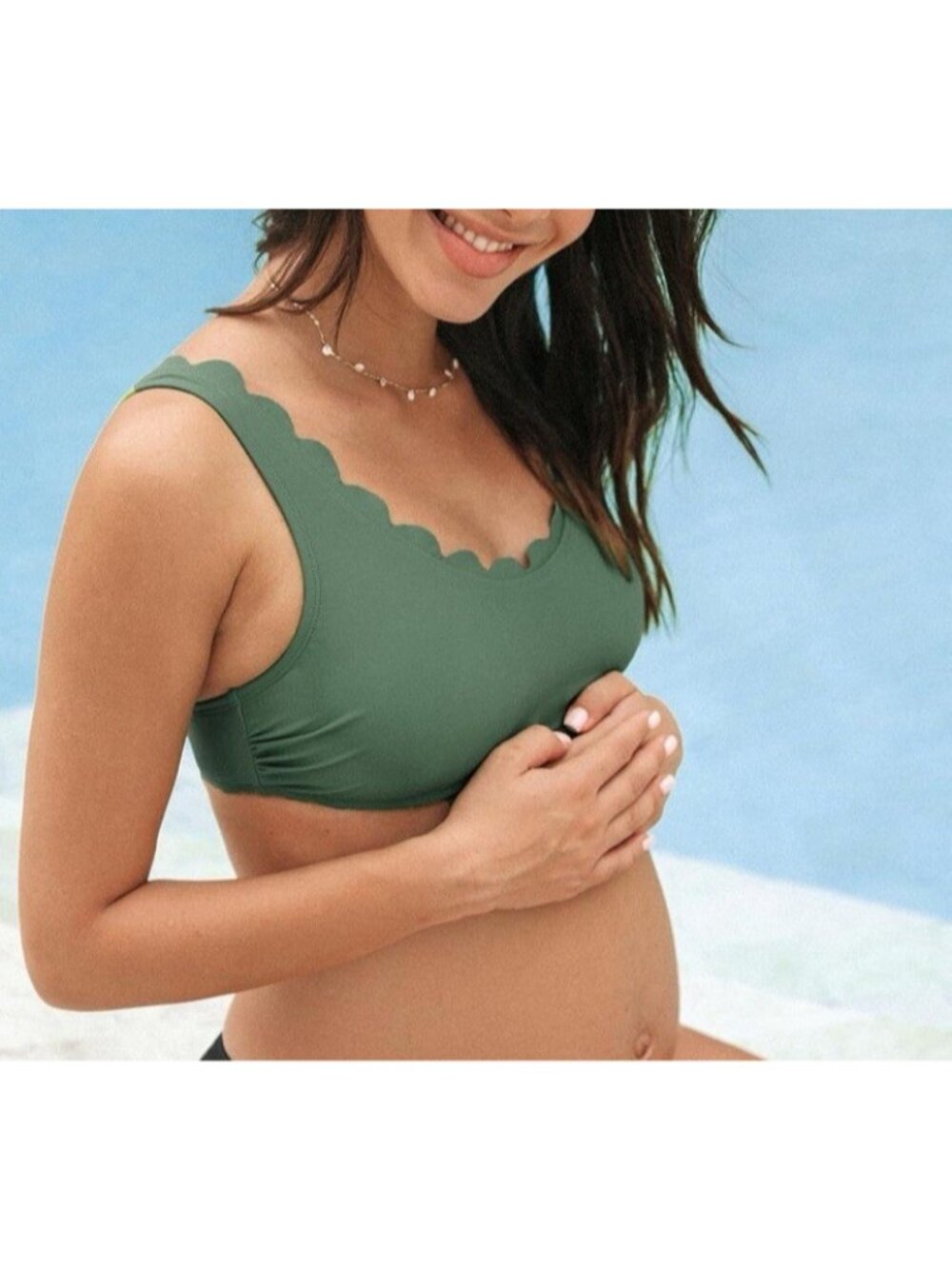 Cupshe Womens Scalloped Bikini Top Only ,Green/Olive Athletic V Neck Size XL